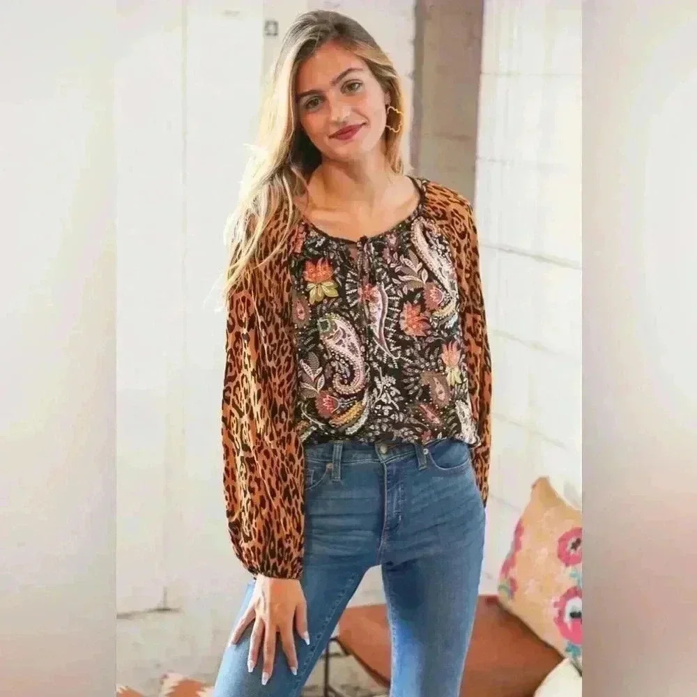 Boho Paisley Leopard Print Front Tie Woven Blouse
